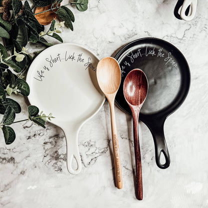 Handmade Ceramic Spoon Rest + Wood Spoon Set – "Life is Short, Lick the Spoon"