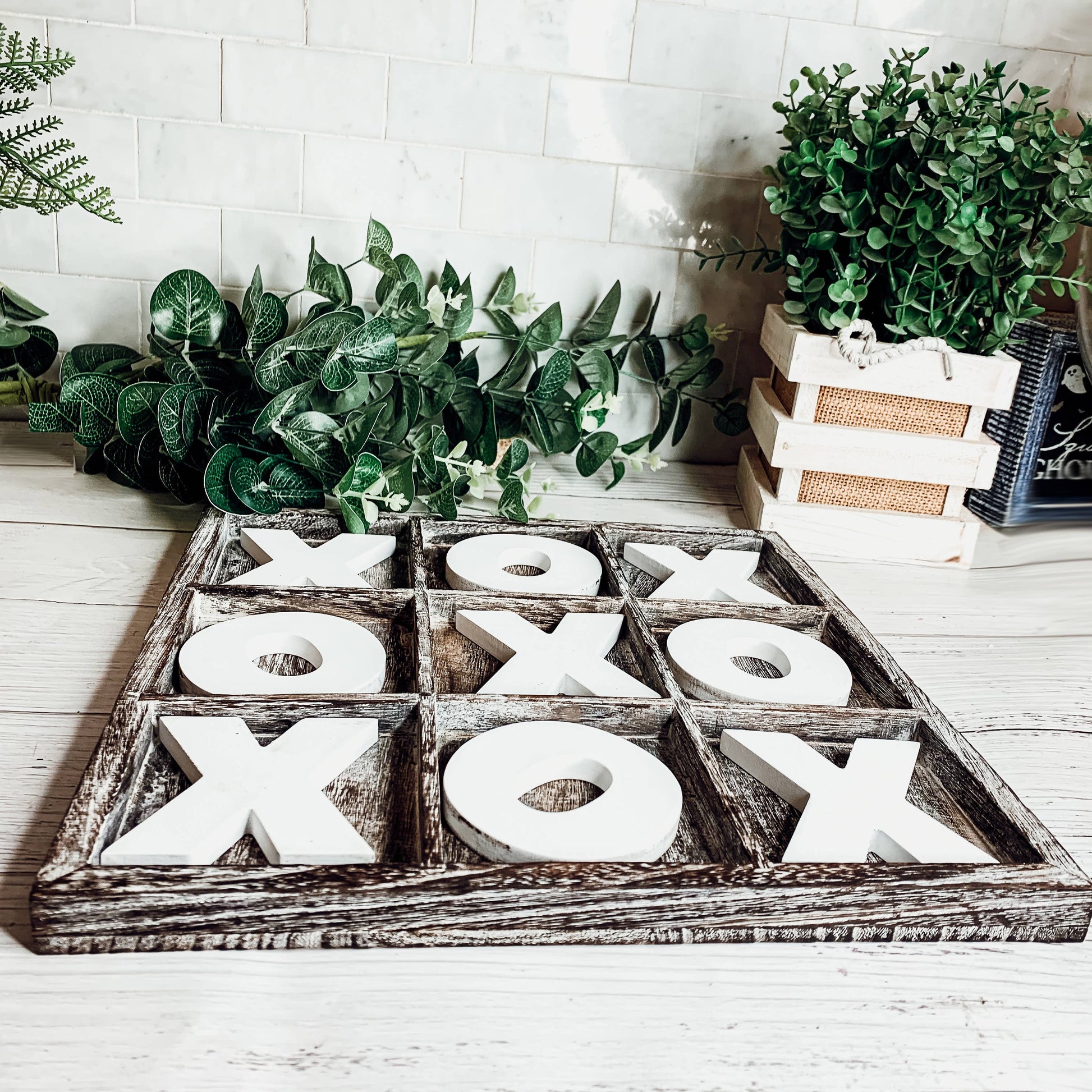 Handmade Wooden Tic Tac Toe – Rustic Farmhouse Tabletop Decor | XO Game