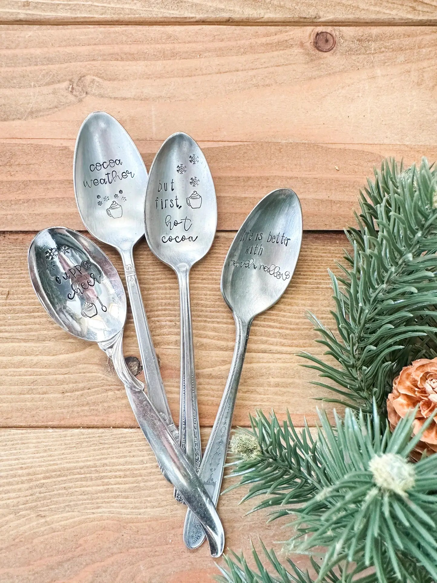 Hot Cocoa Set of 4 Vintage Stamped Spoons | Unique Hand-Stamped Silverware | Cozy Winter Drink Spoons