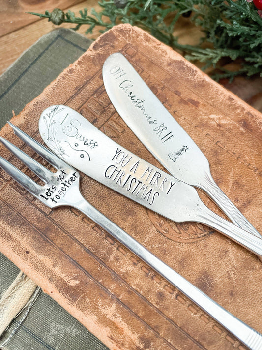 Holiday Charcuterie Spreader Set | Hand-Stamped Vintage Knives & Cocktail Fork | Unique Holiday Serving Utensils