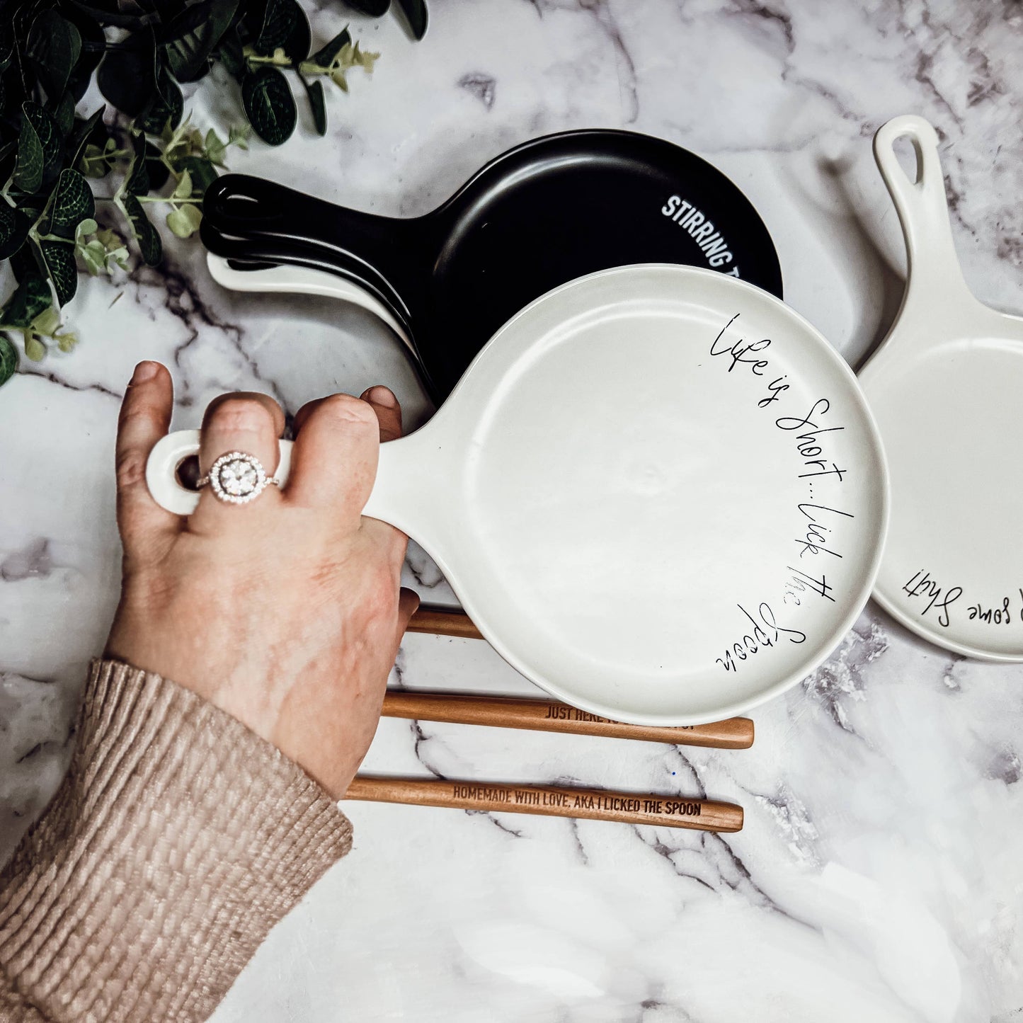 Handmade Ceramic Spoon Rest + Wood Spoon Set – "Life is Short, Lick the Spoon"