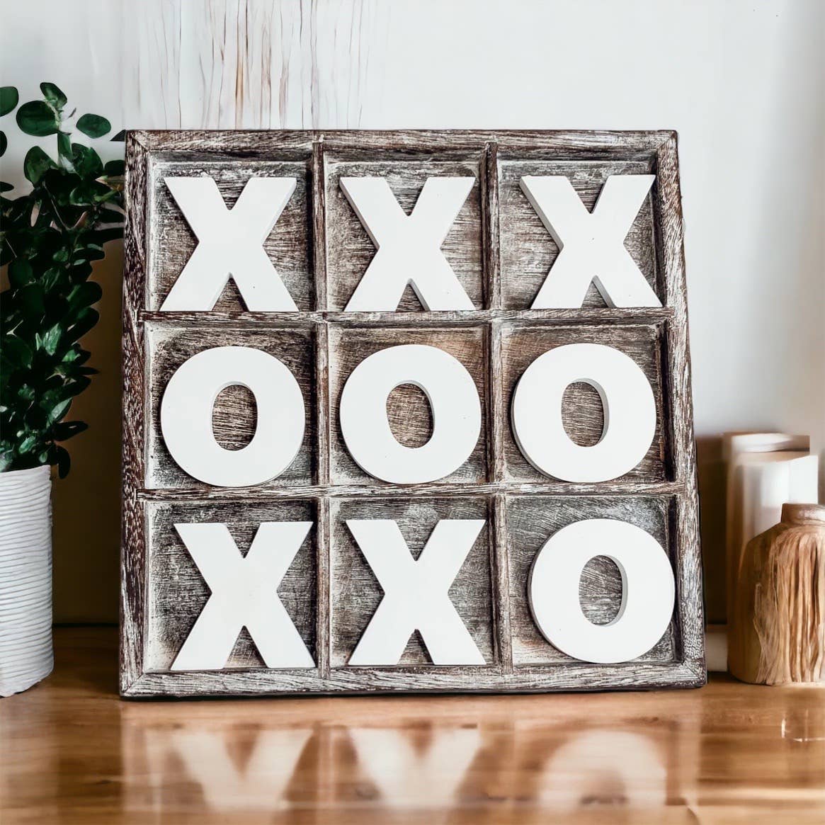 Handmade Wooden Tic Tac Toe – Rustic Farmhouse Tabletop Decor | XO Game