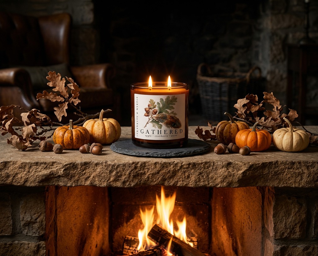 Lit Gathered candle in an amber glass jar on a stone fireplace mantel, surrounded by small pumpkins, oak leaves, and acorns.
