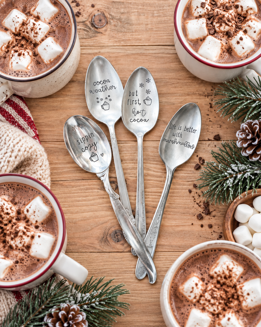 Four vintage stamped spoons arranged with mugs of hot cocoa, marshmallows, winter greenery, and cozy seasonal accents.