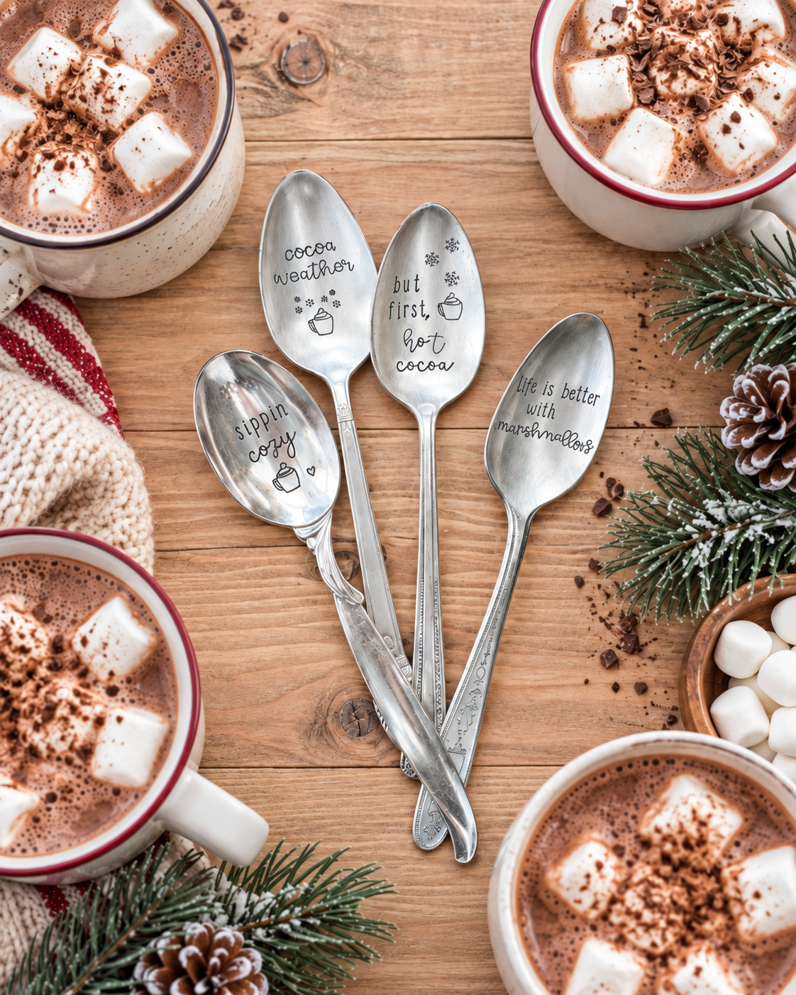 Four vintage stamped spoons arranged with mugs of hot cocoa, marshmallows, winter greenery, and cozy seasonal accents.