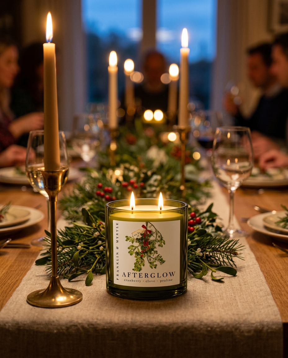 Lit Afterglow candle on a dinner table with evergreen greenery, red berries, and taper candles, while guests gather in the background.