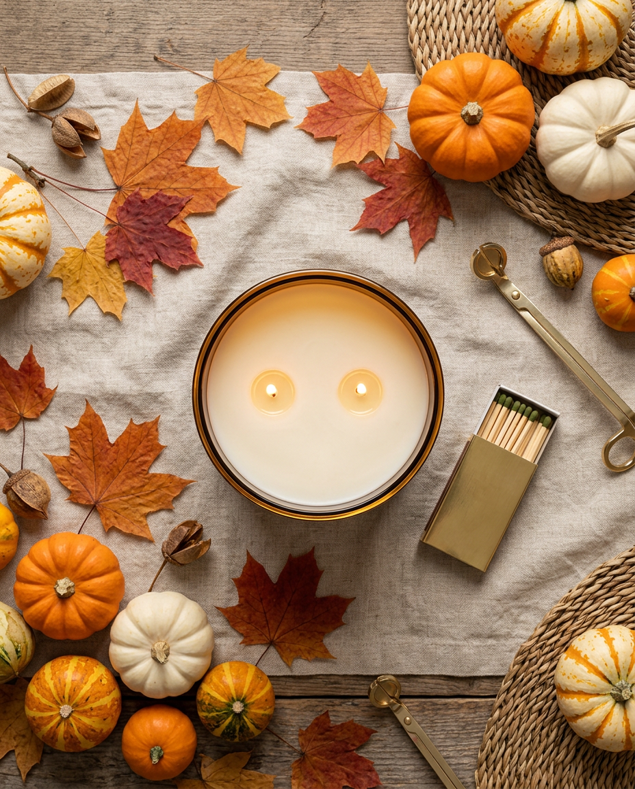 Overhead view of a lit two-wick Sweet Autumn candle on linen, surrounded by small pumpkins, fall leaves, matches, and a wick trimmer.