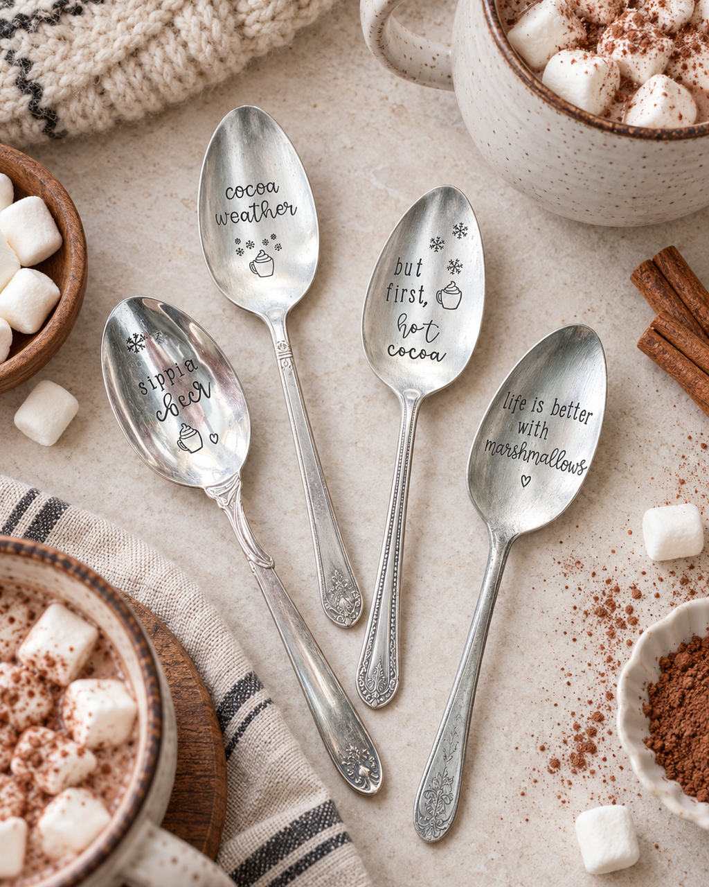 Four vintage stamped silver spoons arranged with hot cocoa, marshmallows, cinnamon sticks, cocoa powder, and cozy knit accents.