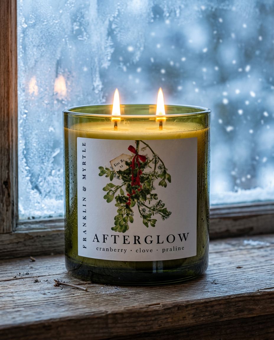 Lit Afterglow candle in an olive green glass jar on a wooden windowsill, with a frosted window and falling snow behind it.