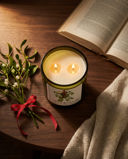 Overhead view of a lit Afterglow candle with two wicks on a wooden table beside mistletoe tied with a red ribbon, an open book, and a soft blanket.