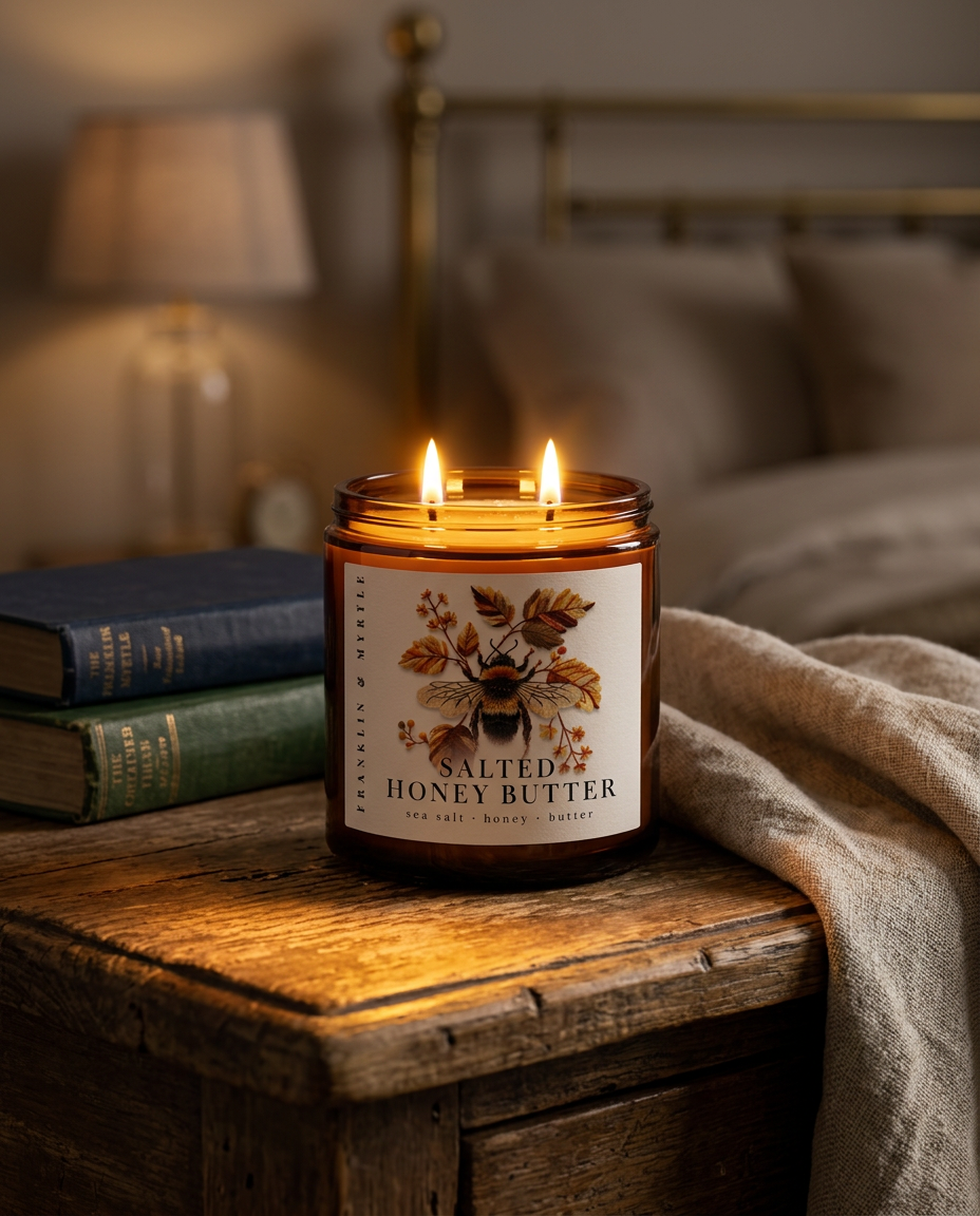 Lit Salted Honey Butter candle in an amber glass jar on a wooden bedside table beside two books and a soft blanket.
