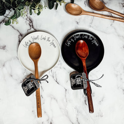 Handmade Ceramic Spoon Rest + Wood Spoon Set – "Life is Short, Lick the Spoon"