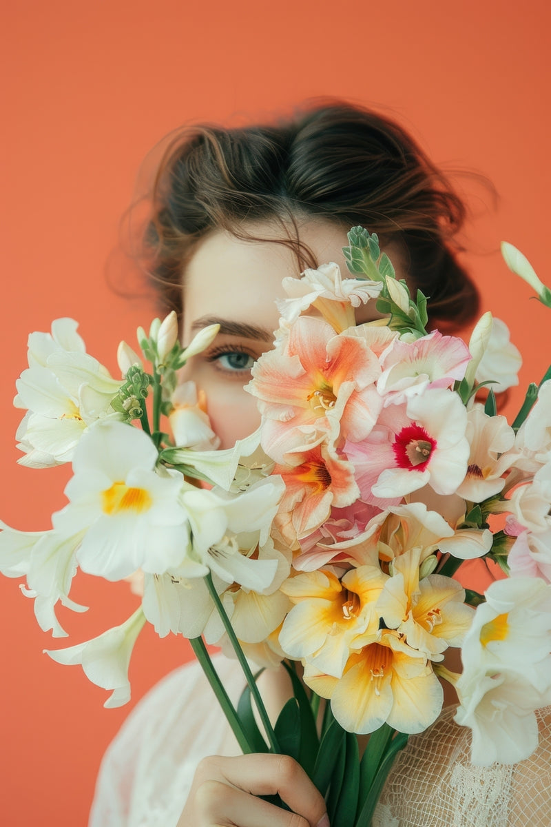 Woman holding a colorful bouquet in front of her face, evoking the lush floral character of Eden.