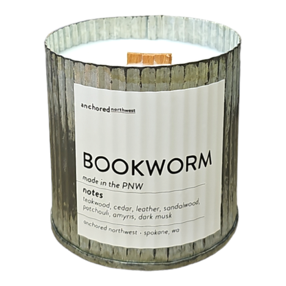 Bookworm Rustic Wood Wick Candle | Teakwood & Leather Scent | 100% Soy Wax, Phthalate-Free, 60 Hour Burn