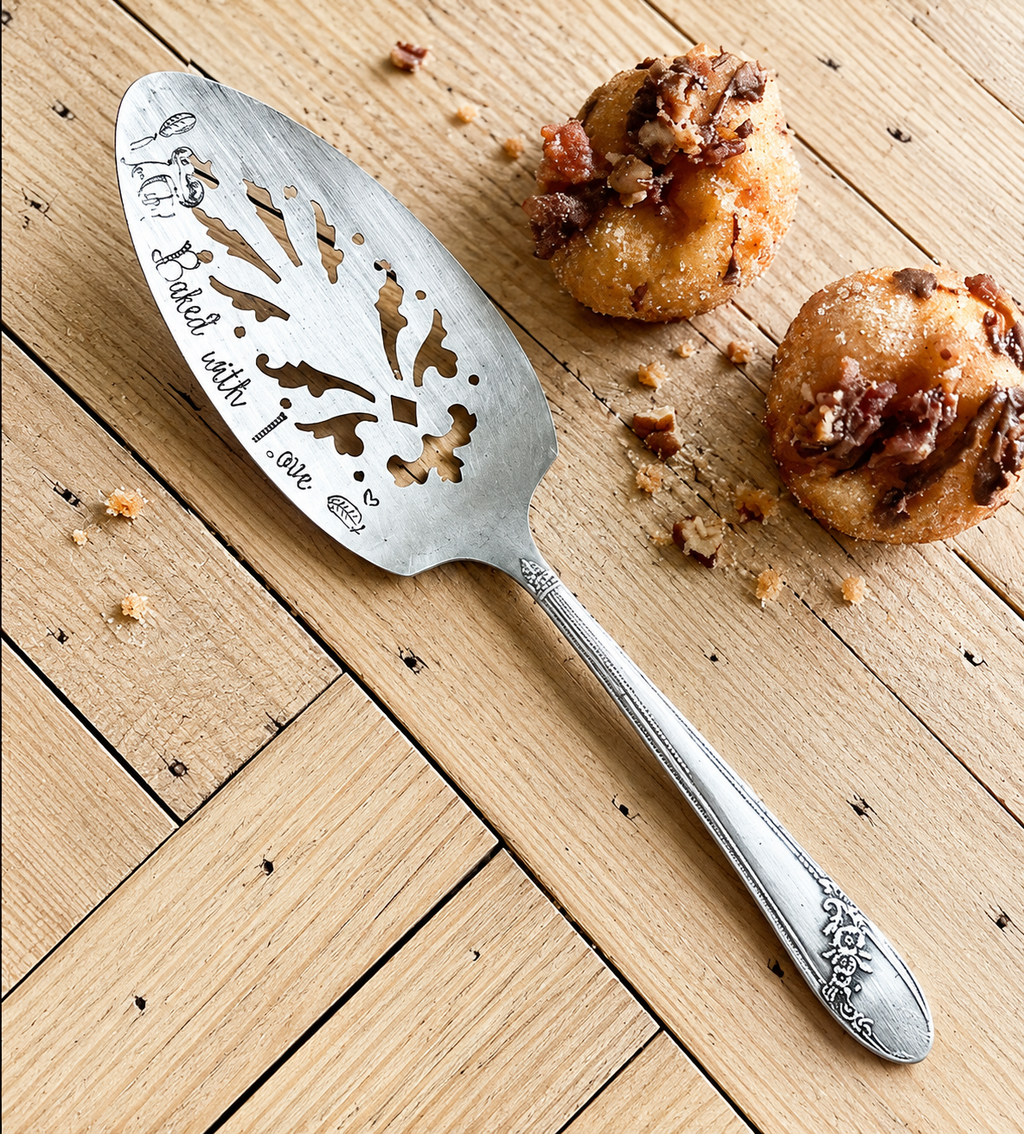 Vintage silver pie server engraved “Baked with Love” styled with pastries on a rustic wood table.
