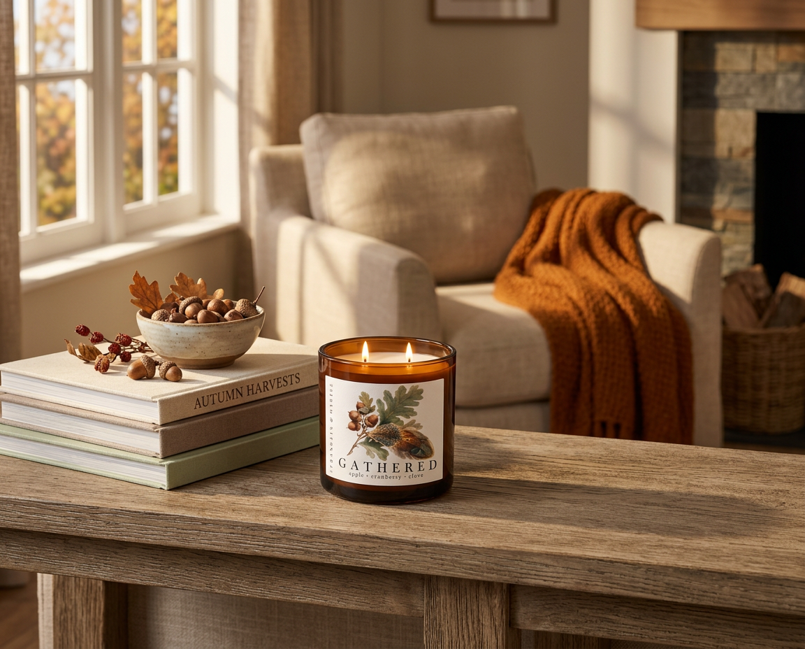 Lit Gathered candle on a wooden table beside stacked books and a bowl of acorns, with an armchair and rust colored throw in the background.