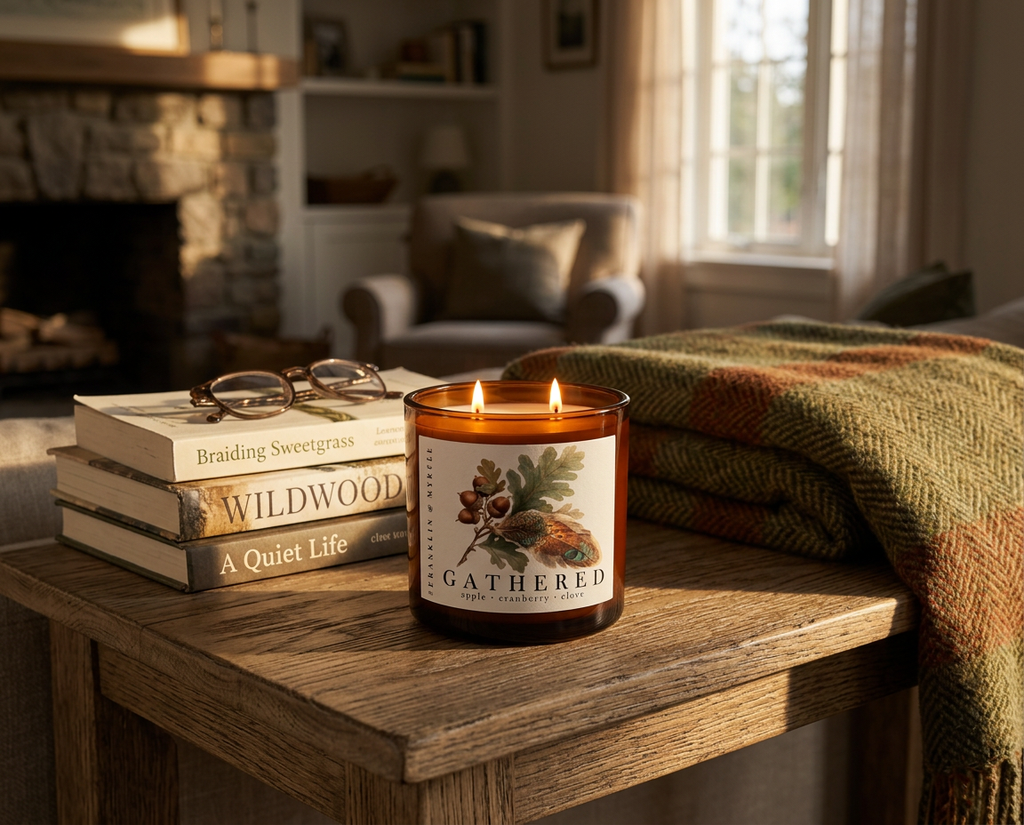 Lit Gathered candle in an amber glass jar on a wooden table beside stacked books, reading glasses, and a folded autumn colored blanket.