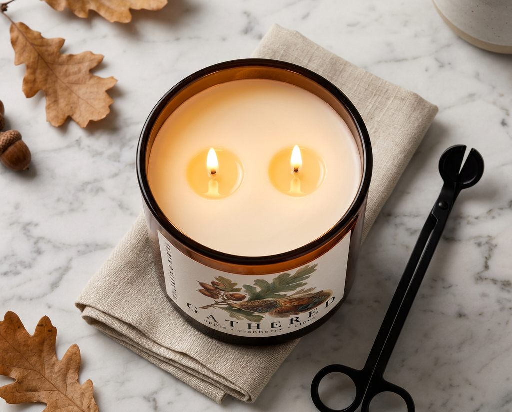 Overhead view of a lit Gathered candle with two wicks in an amber glass jar, resting on folded linen beside oak leaves, an acorn, and a wick trimmer.