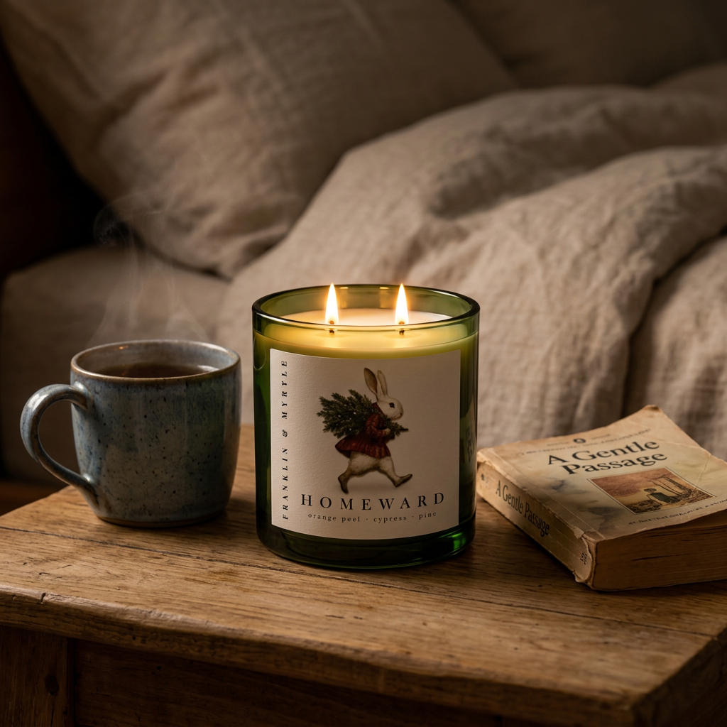 Lit Homeward candle in a green glass jar on a wooden bedside table beside a ceramic mug and a worn book, with an unmade bed behind it