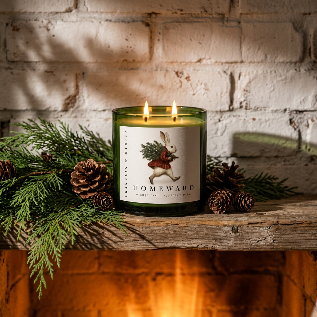 Lit Homeward candle in a green glass jar on a wooden mantel with evergreen branches and pinecones above a glowing fireplace