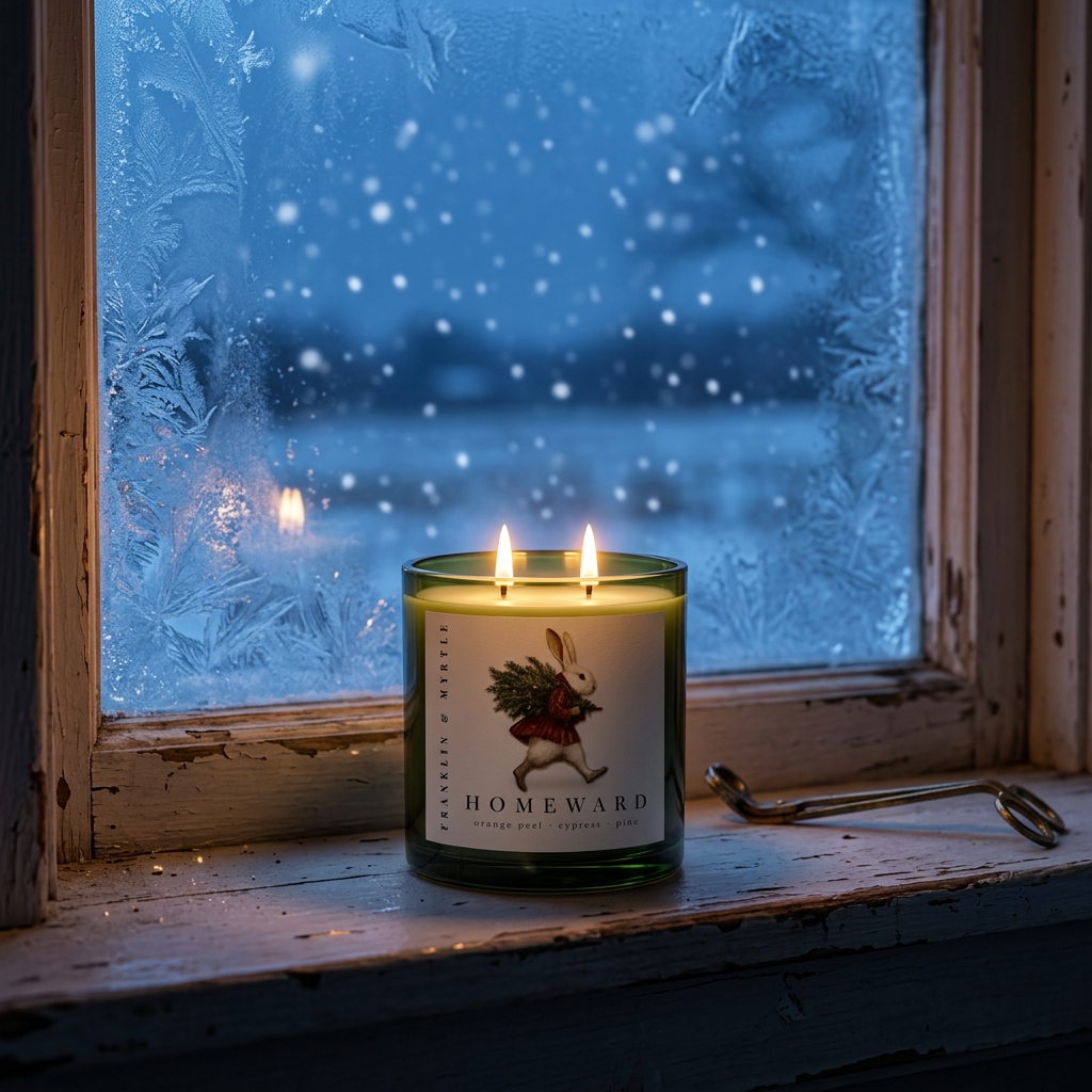 Lit Homeward candle in a green glass jar on a wooden windowsill, with a frosted window and falling snow outside