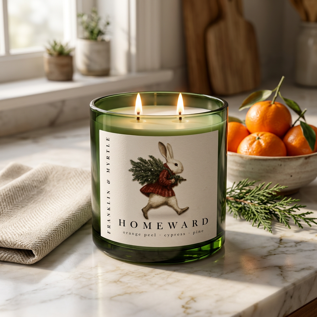 Lit Homeward candle in a green glass jar on a marble kitchen counter beside a bowl of oranges and evergreen branches