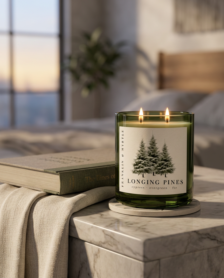 Lit Longing Pines candle on a marble bedside table beside a book, with a softly lit bedroom in the background.