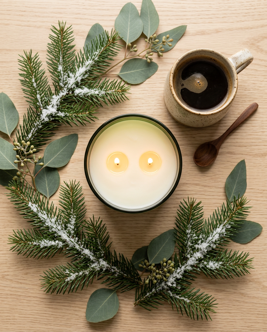 Image name: longing-pines-candle-evergreen-coffee-flatlay.png
Alt text: Overhead view of a two-wick candle beside a mug of coffee, with evergreen branches and eucalyptus leaves on a light wood table.
