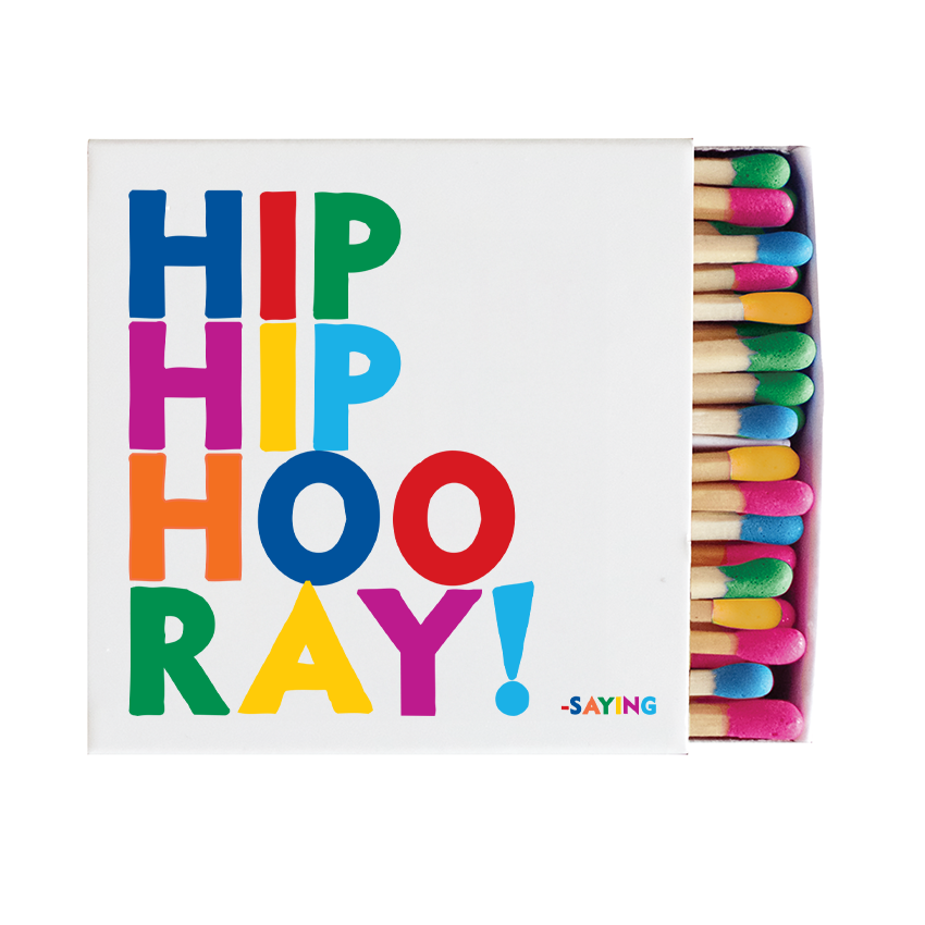 hip hip hooray matchbox containing 80 wooden matches, front view