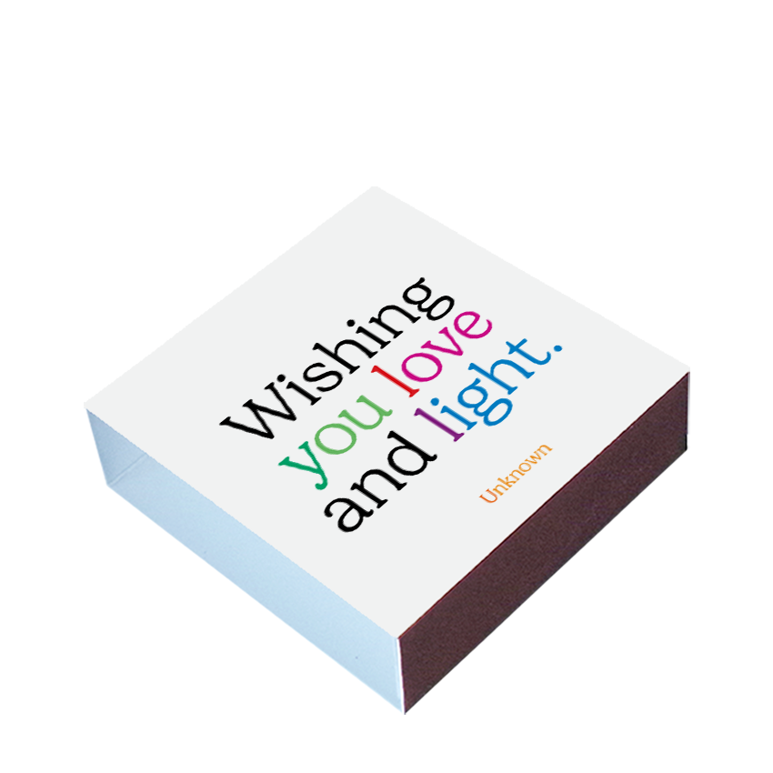 wishing you love and light matchbox shown at an angle