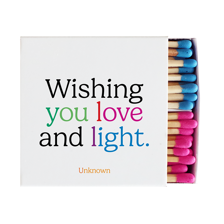 wishing you love and light matchbox containing 80 wooden matches, front view