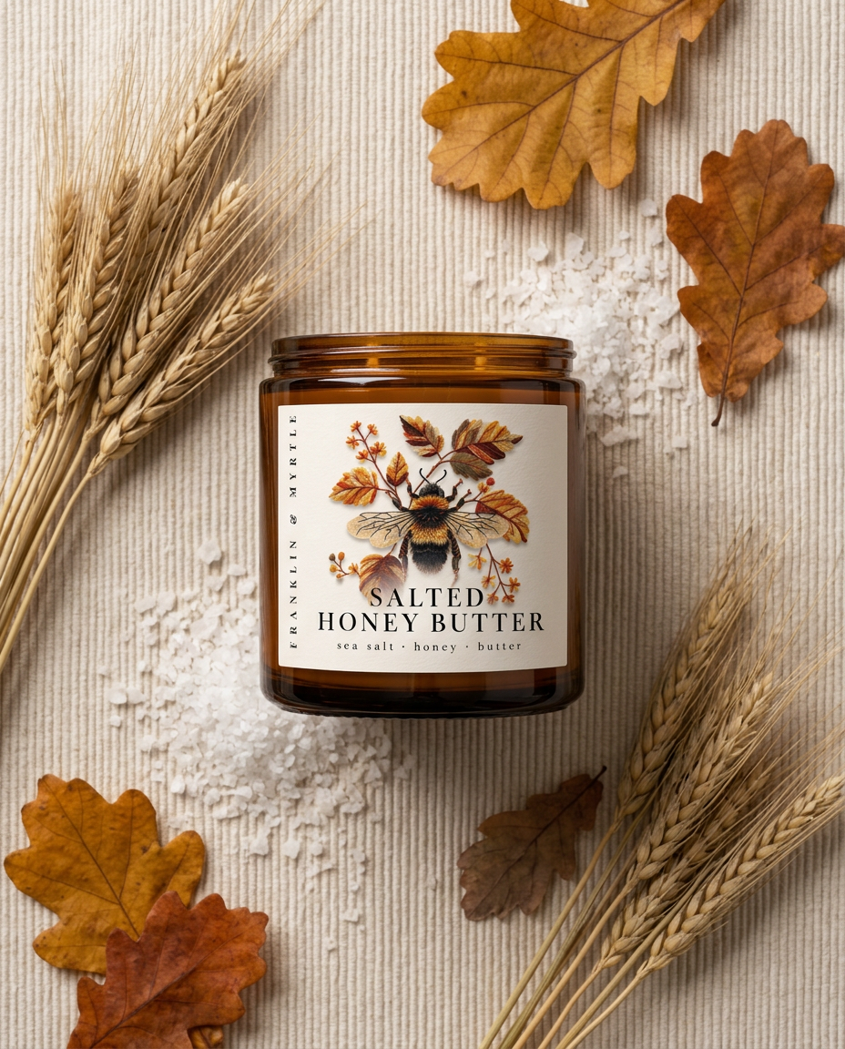 Overhead view of the Salted Honey Butter candle in an amber glass jar among dried oak leaves, wheat stalks and scattered sea salt.