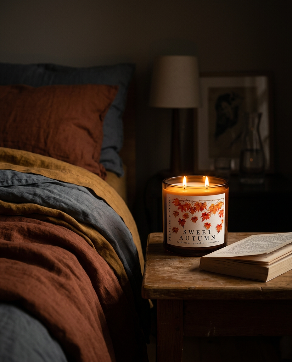 Lit Sweet Autumn candle with two flames on a wooden bedside table beside an open book, next to a bed layered with autumn-colored linens.