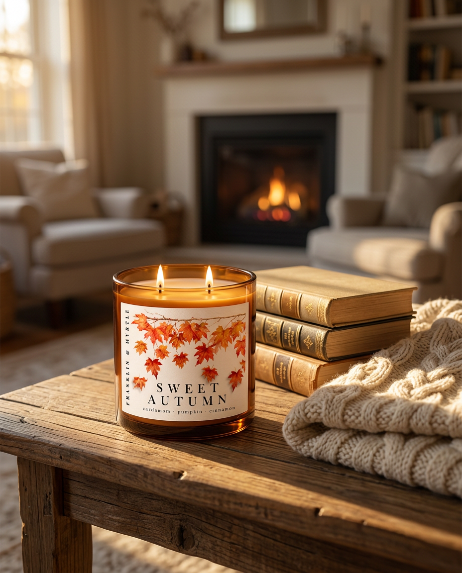 Lit Sweet Autumn candle on a wooden coffee table beside books and a knit blanket, with a glowing fireplace in the background.