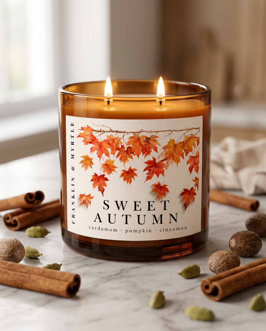 Lit Sweet Autumn candle in an amber glass jar on a marble counter, surrounded by cinnamon sticks, cardamom pods, and nutmeg. Two flames glow above its autumn leaf label.